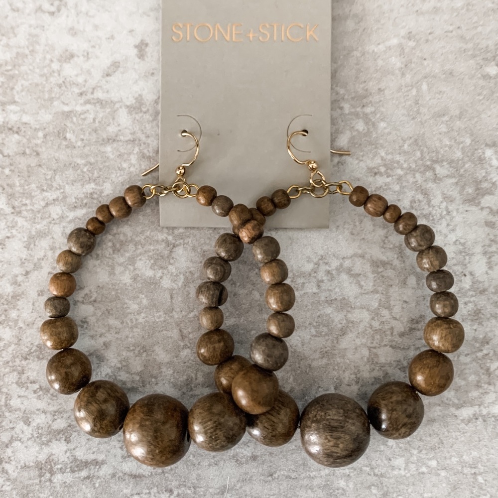 NWT Stone+Stick Collection by Lenny & Eva Wood Bead Hoop Earrings Brown